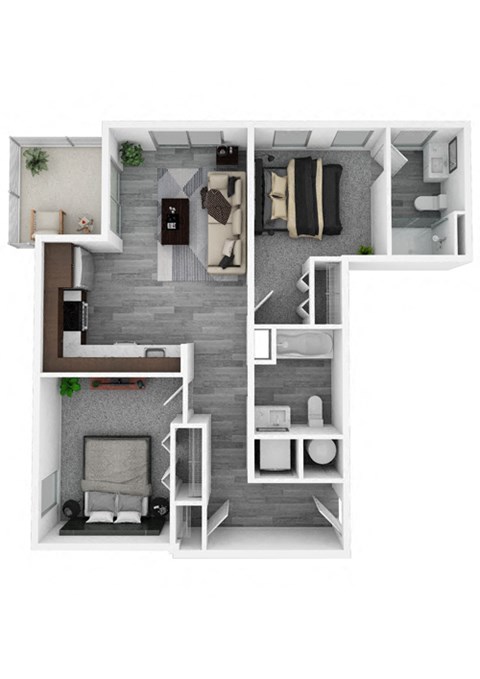 Floor plan for 1 bed, 2 baths, 838 sqft